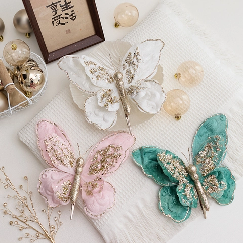 Glitter Double Layer Butterfly Christmas Tree Ornaments With Metal Clips Velvet Cloth Flowers Festive Party Wedding Decor