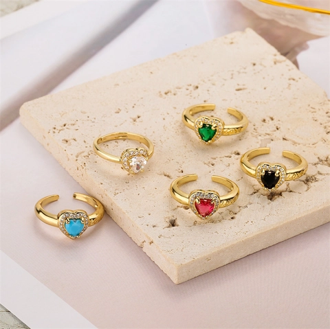 Herz Ring Gold Vergoldet Kupfer Mikropavé Zirkonia Verstellbar Offener Schmuck Romantisches Geschenk Für Frauen