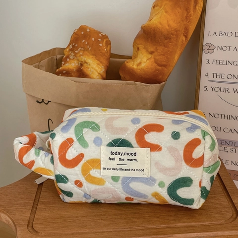 Borsa Trucco Trapuntata Morbido Cotone Pochette Cosmetica Organizzatore Da Viaggio Portatile Motivo Geometrico Astratto Multicolore