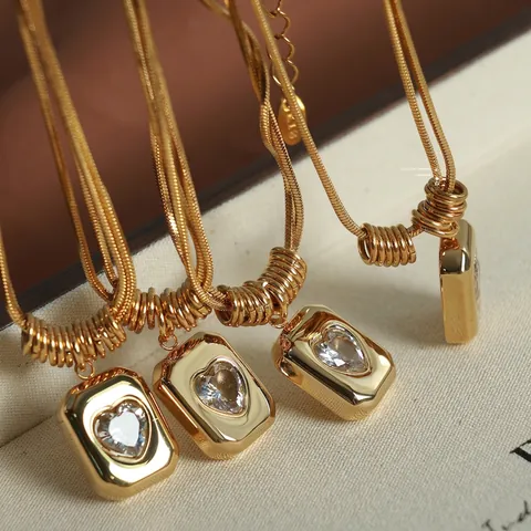 Stainless Steel Heart Pendant Necklace With Zirconia Inset Rectangle Geometric 18K Gold Plated Snake Bone Chain Women Vintage