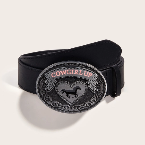 Western Cowboy Belt Women PU Leather Large Oval Buckle Heart Horse Pattern Cowgirl Up Punk Hip Hop Waistband Black