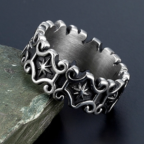 Anillo De Acero Inoxidable Vintage Con Tótem Sol Estrella Grabado Gótico Punk Patrón Voluta Unisex