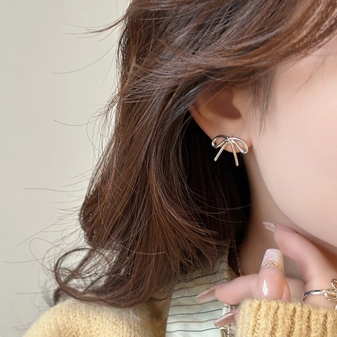 Pendientes de Botón con Lazo Minimalistas de Estilo Coreano Elegante Collar con Colgante de Lazo de Cobre Plateado Joyería Mujer
