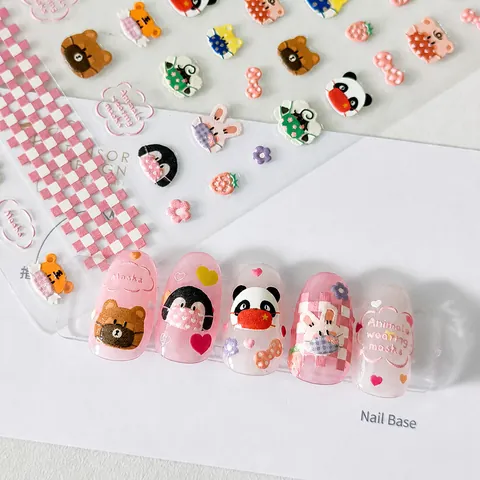 Ins Stil Ultradünne Selbstklebende Nagelkunst Aufkleber Süße Cartoon Tiere Mit Masken 3D Relief Rosa Süße DIY Maniküre Dekoration