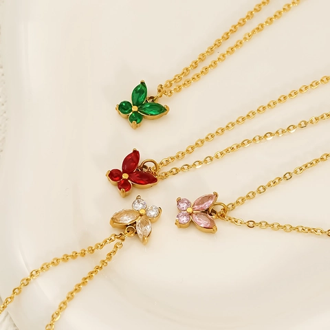 Butterfly Pendant Necklace 18K Gold Plated 304 Stainless Steel With Colorful Zircon Inlaid Elegant Jewelry For Women