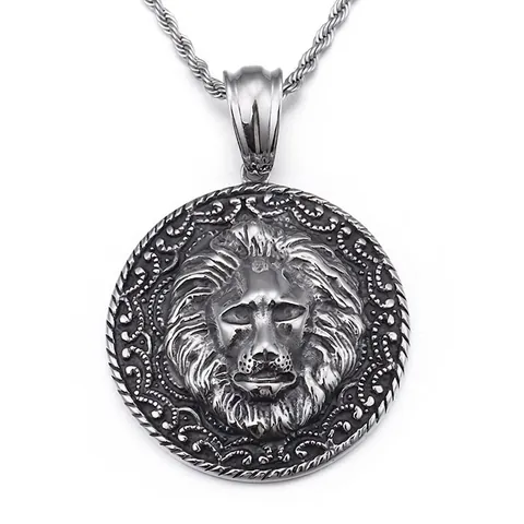 Collier Pendentif Rond Tête De Lion Rétro Acier Inoxydable Relief Punk Hip Hop Bijoux Pour Hommes Cadeau Cool