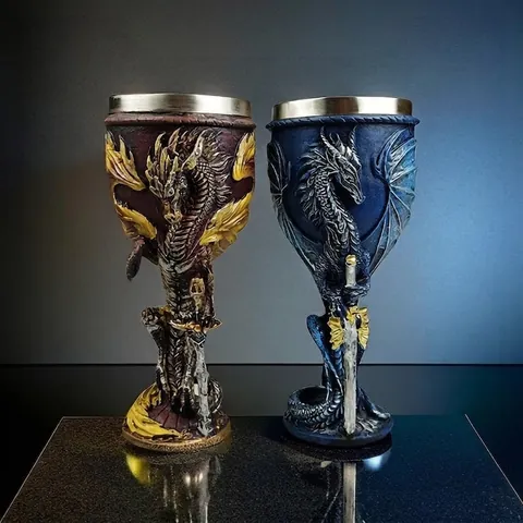 Dragon Sword Goblet Medieval Fantasy Gothic Wine Glass Stainless Steel Liner Resin Chalice For Bar Party Decor Gift