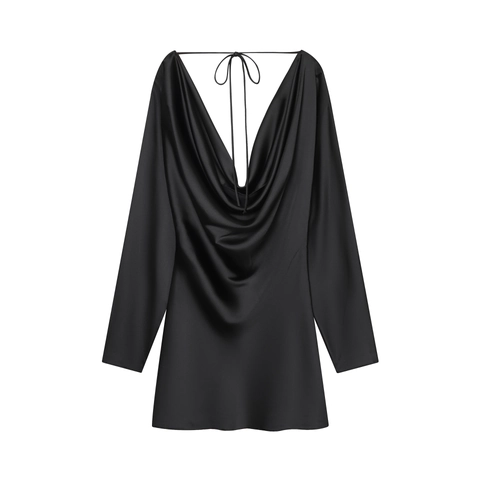 Satin Mini Kleid Mit Wasserfall Ausschnitt Rückenfrei Langarm Elegant Sexy Party Damen