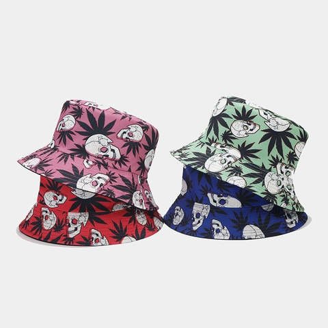 Double Sided Bucket Hat Polyester Cotton Canvas Sun Protection Outdoor Streetwear Graffiti Print Skull Pattern Unisex Fashion