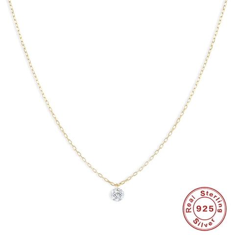 Collana Minimalista in Argento Sterling 925 con Zirconia per Donna Elegante Collana con Ciondolo a Pietra Rotonda Oro Argento