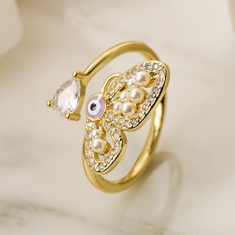 Butterfly Evil Eye Open Ring Copper Gold Plated With Zircon And Imitation Artificial Pearl For Women Elegant Boho Style