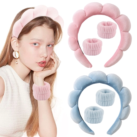 Women Velvet Puffy Headband And Absorbent Wristband For Face Washing Makeup Skincare Padded Spa Headband Soft Microfiber Wrist Towel Band