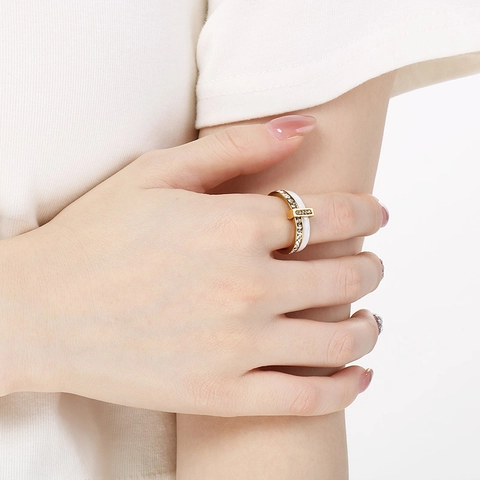 Fashion Stainless Steel Ring White Ceramic Zirconia Inlaid Gold Plated T Shape Geometric Jewelry For Women