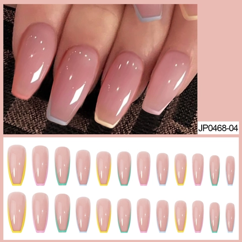 Uñas Postizas A Presión Forma De Ataúd Larga Gel Nude Rosa Arcoíris Punta Francesa Uñas Artificiales Brillantes Para Mujeres