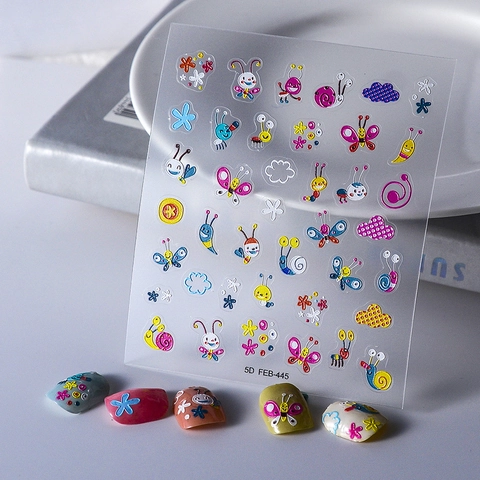 5D Embossed Nail Art Stickers Butterfly Bee Flower Cartoon Patterns Waterproof Manicure Decals For Women Kids