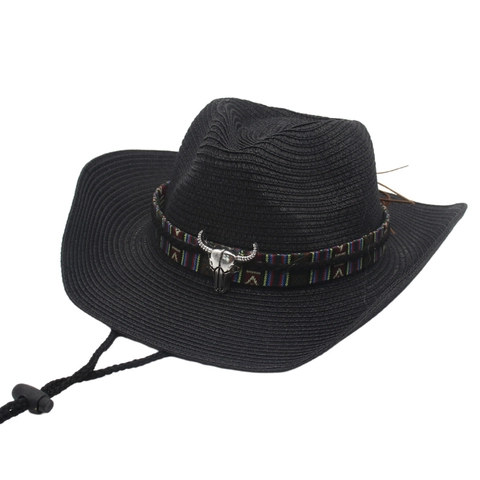 Western Straw Cowboy Hat Sun Protection Ethnic Band Metal Bull Head Adjustable Windproof Rope Retro Outdoor Travel