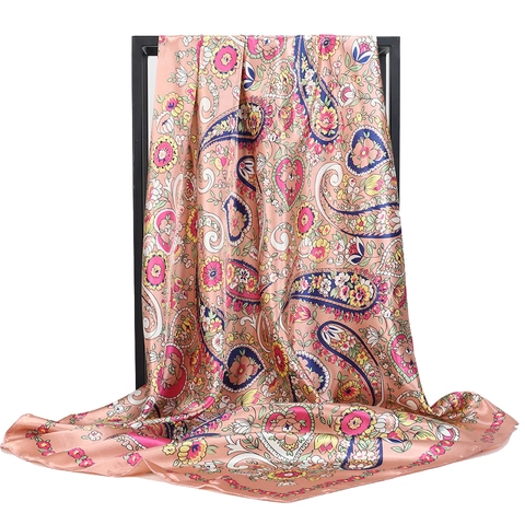 Vintage Satin Square Scarf Floral Paisley Printed Headscarf For Women Elegant Silk Feel Hijab Fashion Scarf Accessory