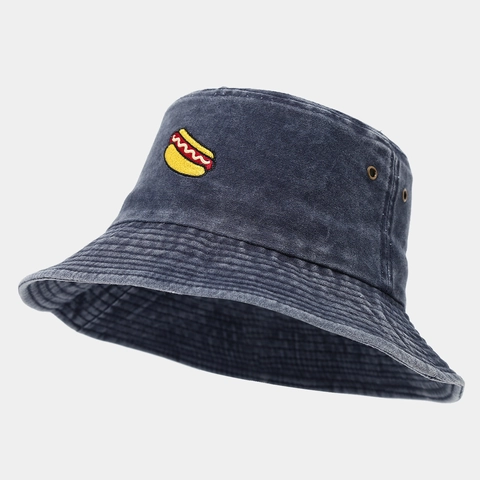 Cappello Alla Pescatora Cotone Lavato Stile Vintage Con Ricamo Hot Dog Protezione Solare Outdoor Casual Unisex