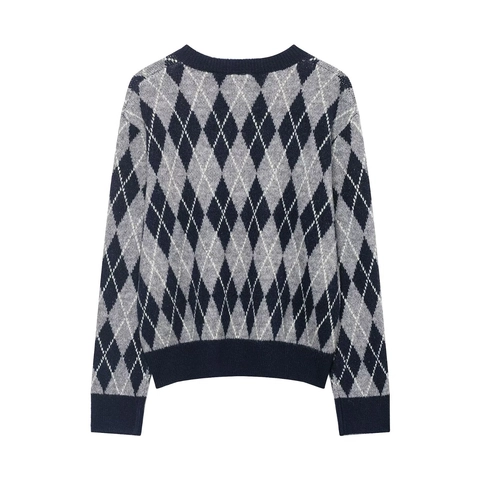 Suéter De Punto Argyle Con Cuello En V Para Mujer Poliéster Acrílico Manga Larga Puños Acanalados Estampado Geométrico Top