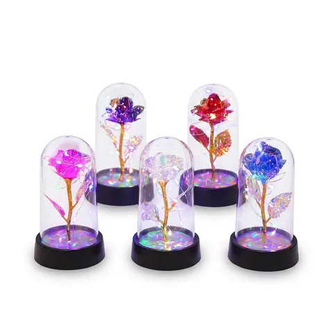 LED Artificial Gold Foil Rose In Dome Iridescent Reflective Eternal Flower Night Light Home Desktop Decor Valentine Gift