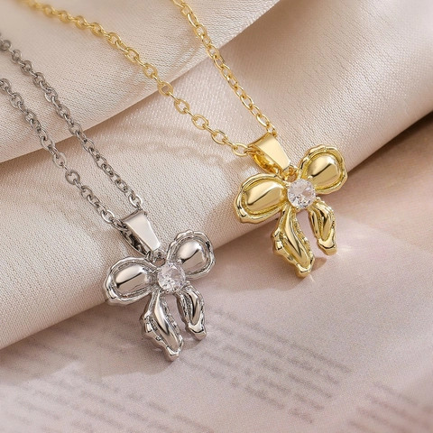 Collana Con Ciondolo A Fiocco Minimalista Rame Zircone Placcato Oro 18 Carati Catena Clavicola Gioielli Di Moda Per Donna