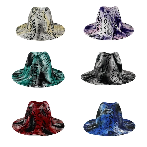 Graffiti Letter Print Fedora Hoed Tie Dye Polyester Brede Rand Jazz Stijl Vintage Britse Mode Voor Uniseks