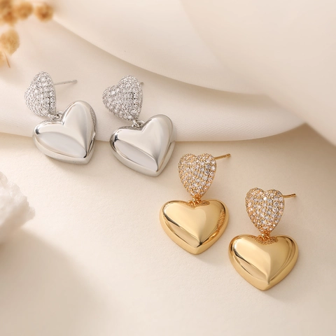 Geometrische Doppelherz Hängeohrringe Für Damen Elegante Kupfer Echt Vergoldete Mikropflaster Zirkon Polierte Metallherz Ohrringe Schmuck
