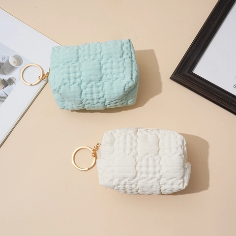 Mini Monedero Gofre Acolchado Tela Burbuja Bolsa Pequeña Con Llavero Dorado Cierre Cremallera Colores Macaron Para Mujer
