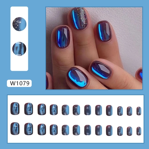 Short Round Press On Nails Aurora Cat Eye Shimmering Galaxy Gradient Fake Nails Chic Full Cover Manicure Art