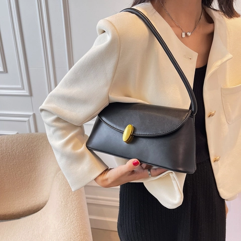 Vintage Underarm Bag Women PU Leather Small Square Shoulder Bag With Gold Oval Metal Buckle Elegant Fashion Handbag