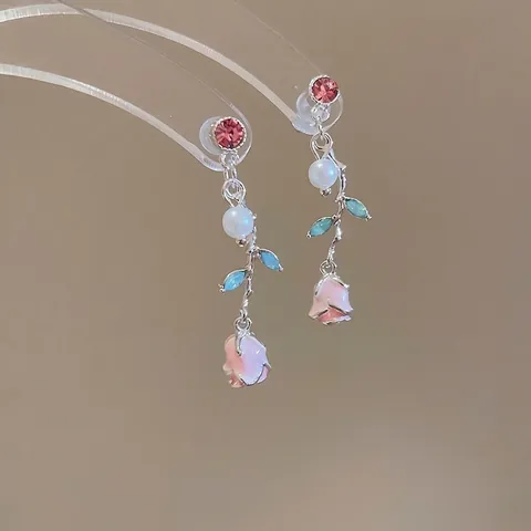 Alloy Pink Rose Flower Drop Earrings With Rhinestone Artificial Pearl And Silver Earring Post Sweet Romantic For Women