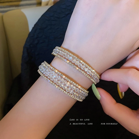 Brazalete Abierto Dorado Aleación Diamantes De Imitación Cuentas De Cristal Transparentes Diseño Multicapa Lujo Mujeres