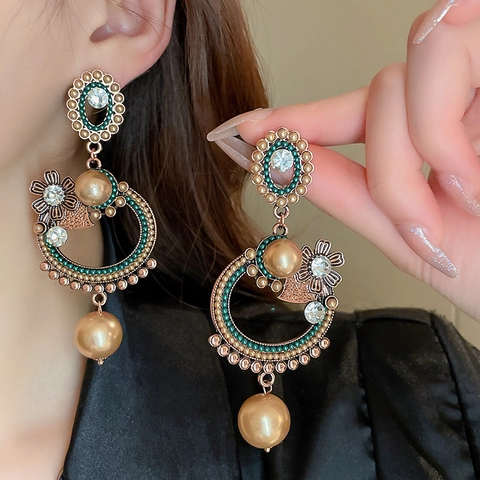 Vintage Oval Flower Hollow Dangle Earrings Alloy Rhinestone Imitation Artificial Pearl With 925 Sterling Silver Earring Post