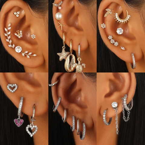 Boho Ohrring Kombination Kupfer Zirkonia Künstliche Perle Ear Cuffs Stecker Hoops Piercing Schmuck Damen Punk Stil