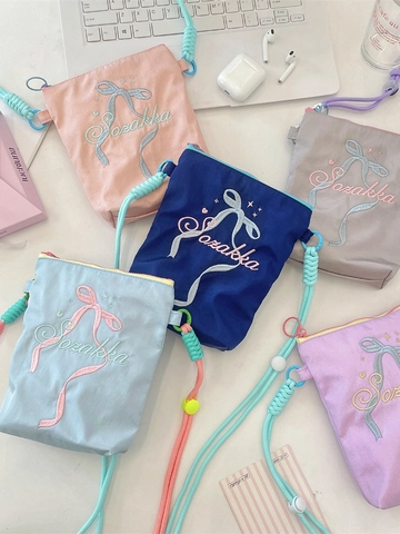 Borsa A Tracolla In Tela Ricamata Con Fiocco Portacellulare Cinturino In Corda Regolabile Casual Leggero Donna