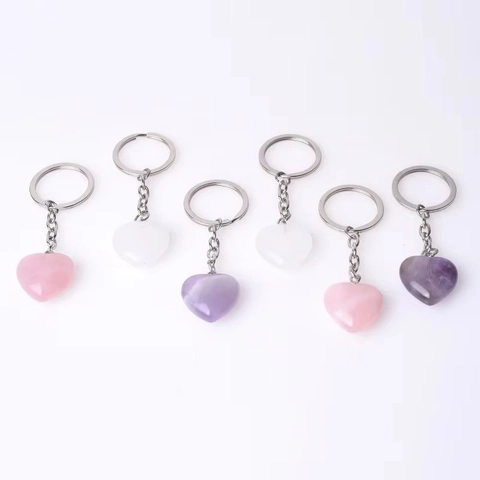 Herz Schlüsselanhänger Naturkristallstein Amethyst Rosenquarz Polierte Zinklegierung Taschenanhänger Geschenk Accessoires Damen