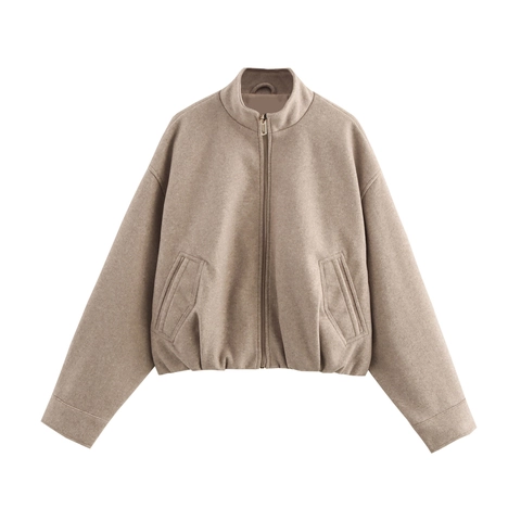 Giacca Bomber Da Donna Misto Lana Collo Alto Cerniera Casual Ampia Corta Cappotto Pilota Autunno Inverno Capispalla
