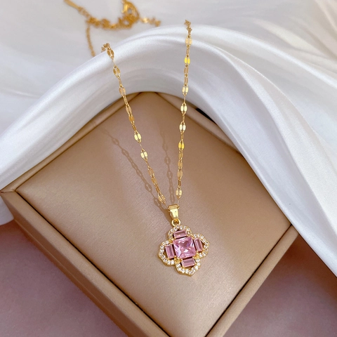 Kleeblatt Blume Anhänger Halskette Titan Stahl Kette Kupfer Mikro Pave Rosa Zirkon Eleganter Schmuck Für Damen
