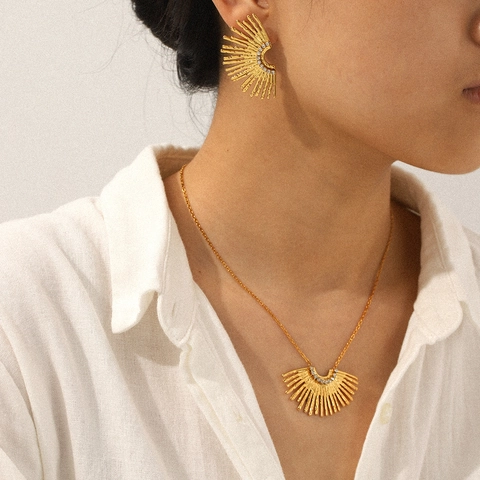 Collana Con Ciondolo A Forma Di Ventaglio E Orecchini Acciaio Inossidabile Strass Motivo Radiale Placcato Oro Donna Lusso