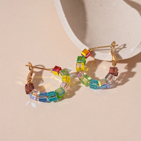 Colorful Square Glass Bead Hoop Earrings With 925 Sterling Silver Earring Post Alloy Geometric Sweet Jewelry For Women