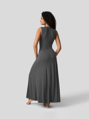 Vestido Largo De Punto Sin Mangas Para Mujer Con Cuello Henley Con Botones Cintura Alta Color Sólido Casual Línea A Elegante