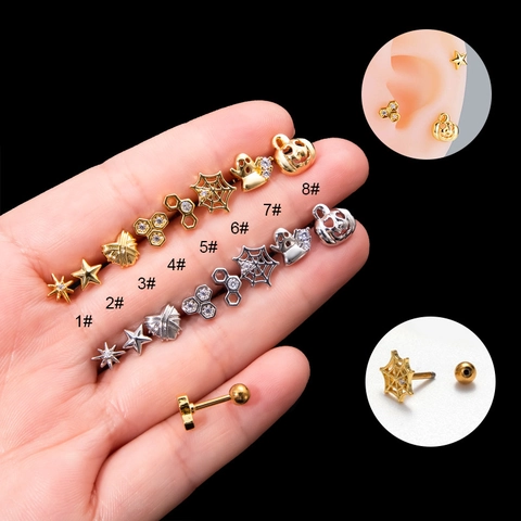 Halloween Cartilage Stud Earrings Stainless Steel Copper Zircon Pumpkin Ghost Spider Web Piercing Jewelry