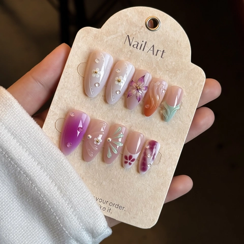 Press On Nails Long Almond Shape French Style 3D Floral Relief Purple Gradient Artificial Pearl Decor Elegant Manicure For Women