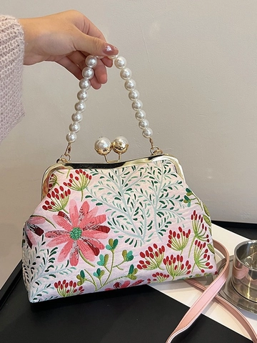 Vintage Chinese Style Floral Embroidered Handbag Elegant Jacquard Crossbody Bag With Artificial Pearl Handle Metal Kiss Lock