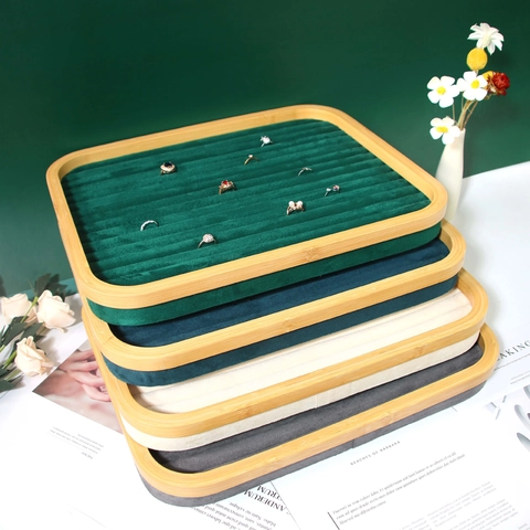 Jewelry Display Tray Bamboo Wooden Ring Storage Organizer Velvet Lining Showcase Holder For Earring Studs