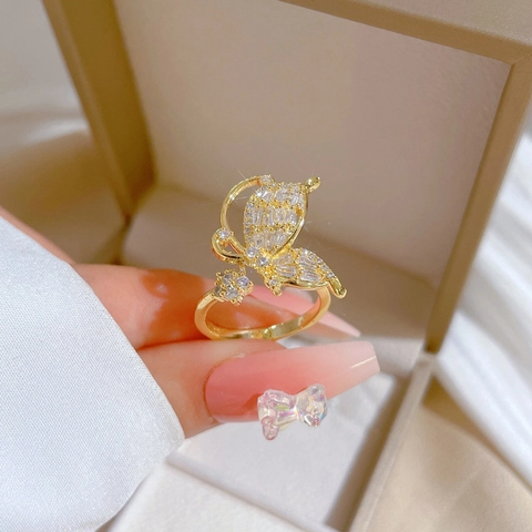 Schmetterling Ring Messing Vergoldet Funkelnde Zirkonia Verstellbare Öffnung Eleganter Schmuck Für Damen