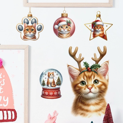 Autocollants Muraux Chat De Noël Bois De Renne Chaton Roux Stickers Toilettes PVC Imperméable Décoration Maison