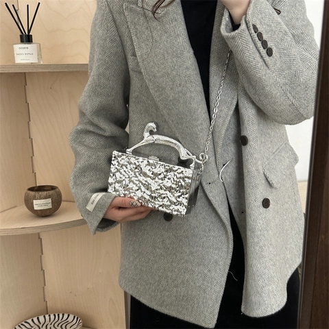 Pochette Da Sera Con Manico A Leopardo Borsa Rigida In Metallo Strutturato Con Tracolla A Catena Per Feste E Matrimoni