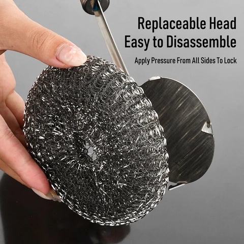 Spazzola Per Pentole In Acciaio Inossidabile Manico Lungo Scrubber Da Cucina Strumento Per Pulizia Piatti Testina Sostituibile