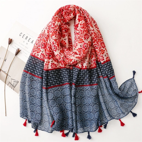 Écharpe Châle Fleuri Épissé Style Ethnique Avec Franges À Glands Voile Polyester Respirant Protection Solaire Pour Femmes